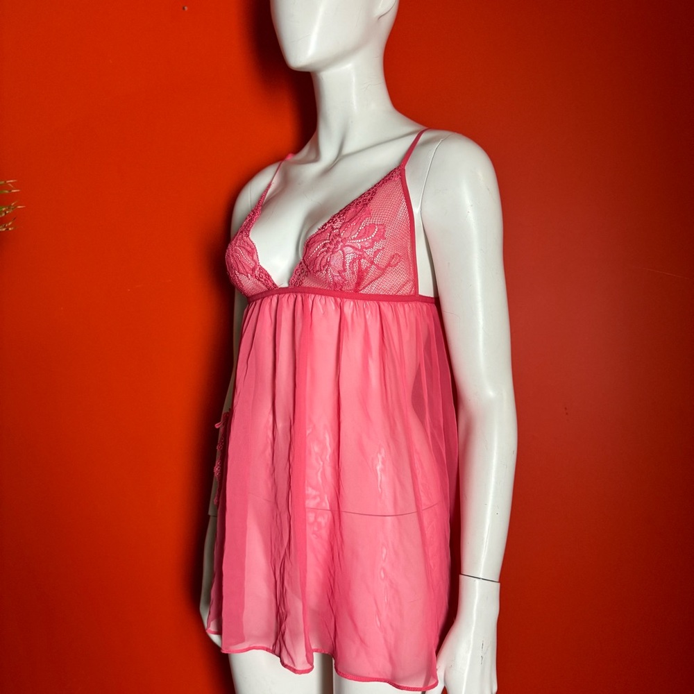 Victoria secret pink lace lingerie slip dress with bow and floral lace detail